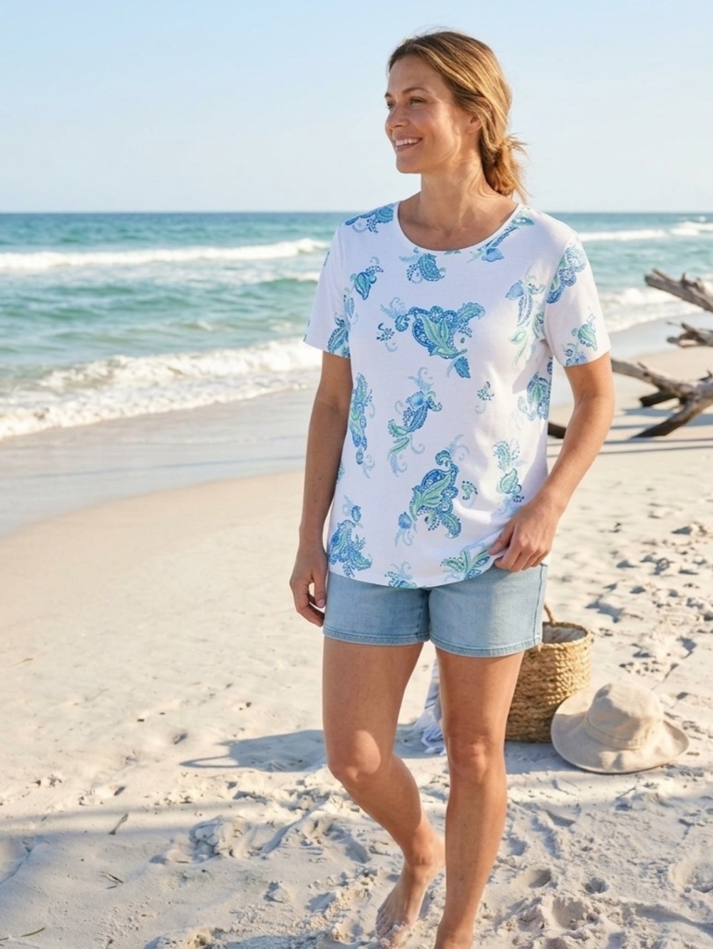 croft & barrow White Tee with Blue & Green Paisley Motif